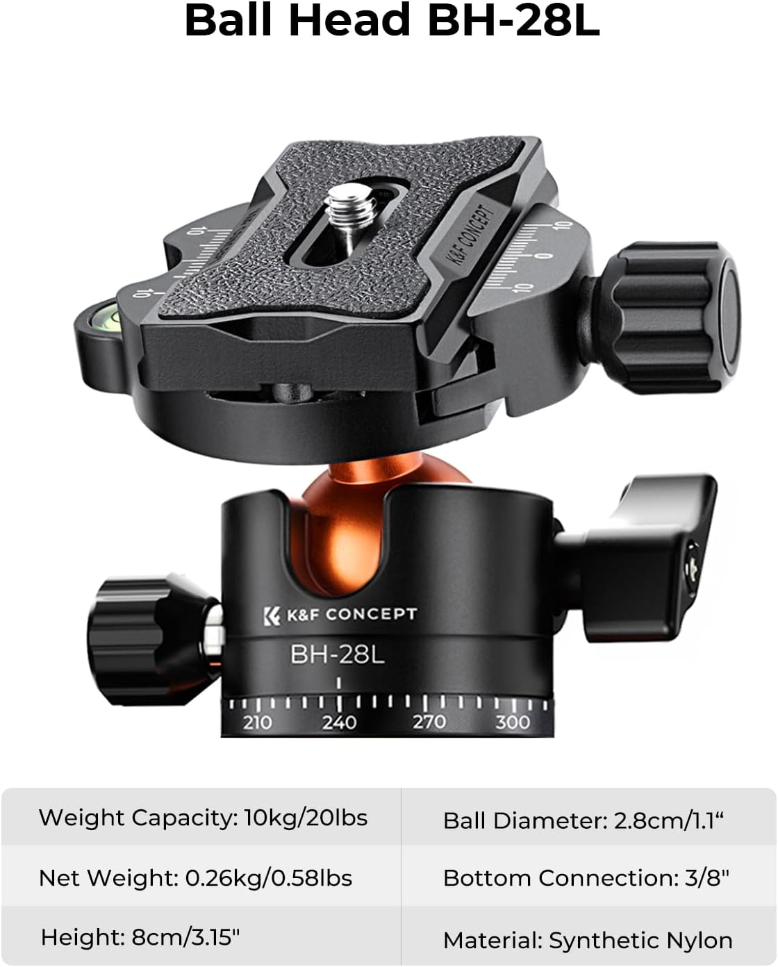 K&F Concept 64 inch/163cm Camera Tripod,Lightweight Travel Outdoor DSLR Tripods with 360 Degree CNC Ball Head Load Capacity 10kg/22lbs,Cellphone Clip for Smartphone Live Streaming Vlog K234A0+BH-28L