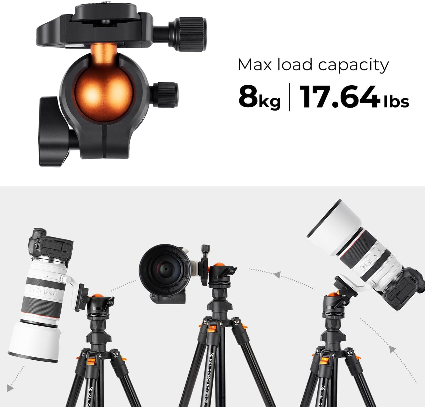 K&F Concept 64 inch/163cm Camera Tripod,Lightweight Travel Outdoor DSLR Tripods with 360 Degree Ball Head Load Capacity 8kg/17.6lbs,Cellphone Clip for Smartphone Live Streaming Vlog K234A0+BH-28L