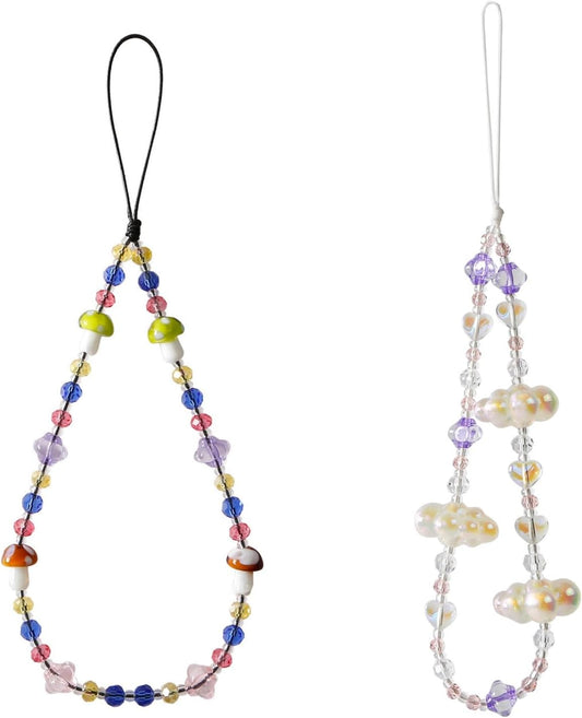 2 PCS Beaded Phone Charm Cute Cell Phone Lanyard Strap Bling Crystal Beads Phone Chain for Women Girls