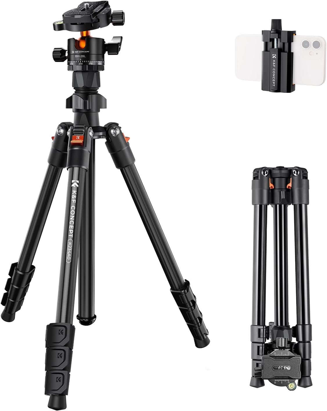 K&F Concept 64 inch/163cm Camera Tripod,Lightweight Travel Outdoor DSLR Tripods with 360 Degree CNC Ball Head Load Capacity 10kg/22lbs,Cellphone Clip for Smartphone Live Streaming Vlog K234A0+BH-28L
