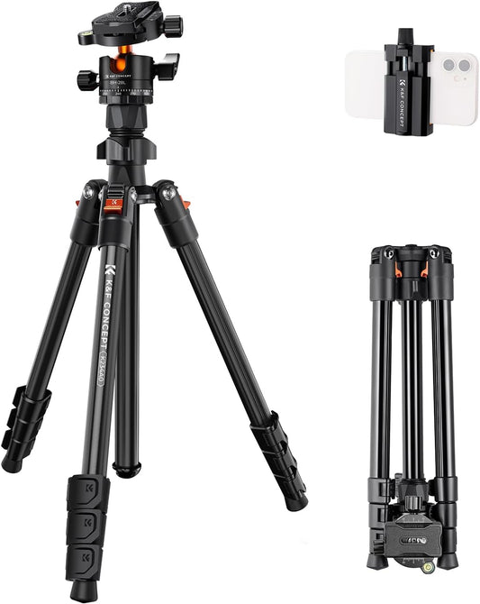 K&F Concept 64 inch/163cm Camera Tripod,Lightweight Travel Outdoor DSLR Tripods with 360 Degree CNC Ball Head Load Capacity 10kg/22lbs,Cellphone Clip for Smartphone Live Streaming Vlog K234A0+BH-28L