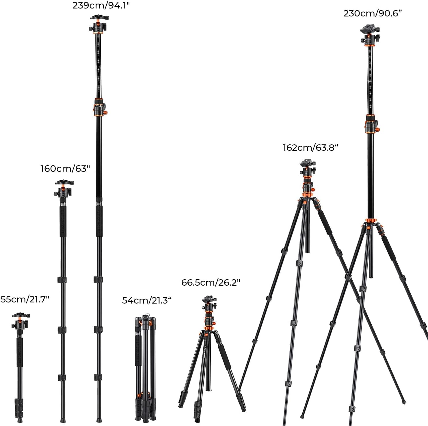 K&F Concept 90 inch/230cm Ultra High Camera Tripod,Horizontal Overhead Shooting Travel Tripods with Metal Ball Head 10KG Load Capacity,Detachable Monopod, for Indoor and Outdoor Use T254A7+BH-28L