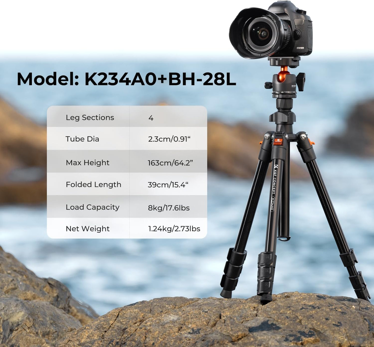 K&F Concept 64 inch/163cm Camera Tripod,Lightweight Travel Outdoor DSLR Tripods with 360 Degree Ball Head Load Capacity 8kg/17.6lbs,Cellphone Clip for Smartphone Live Streaming Vlog K234A0+BH-28L