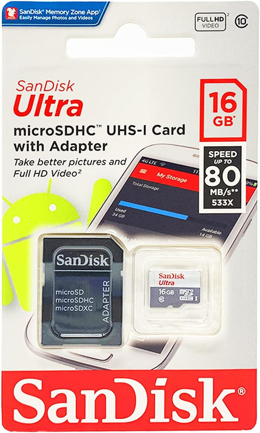 SanDisk Ultra 16GB Ultra Micro SDHC UHS-I/Class 10 Card with Adapter (SDSQUNC-016G-GN6MA)