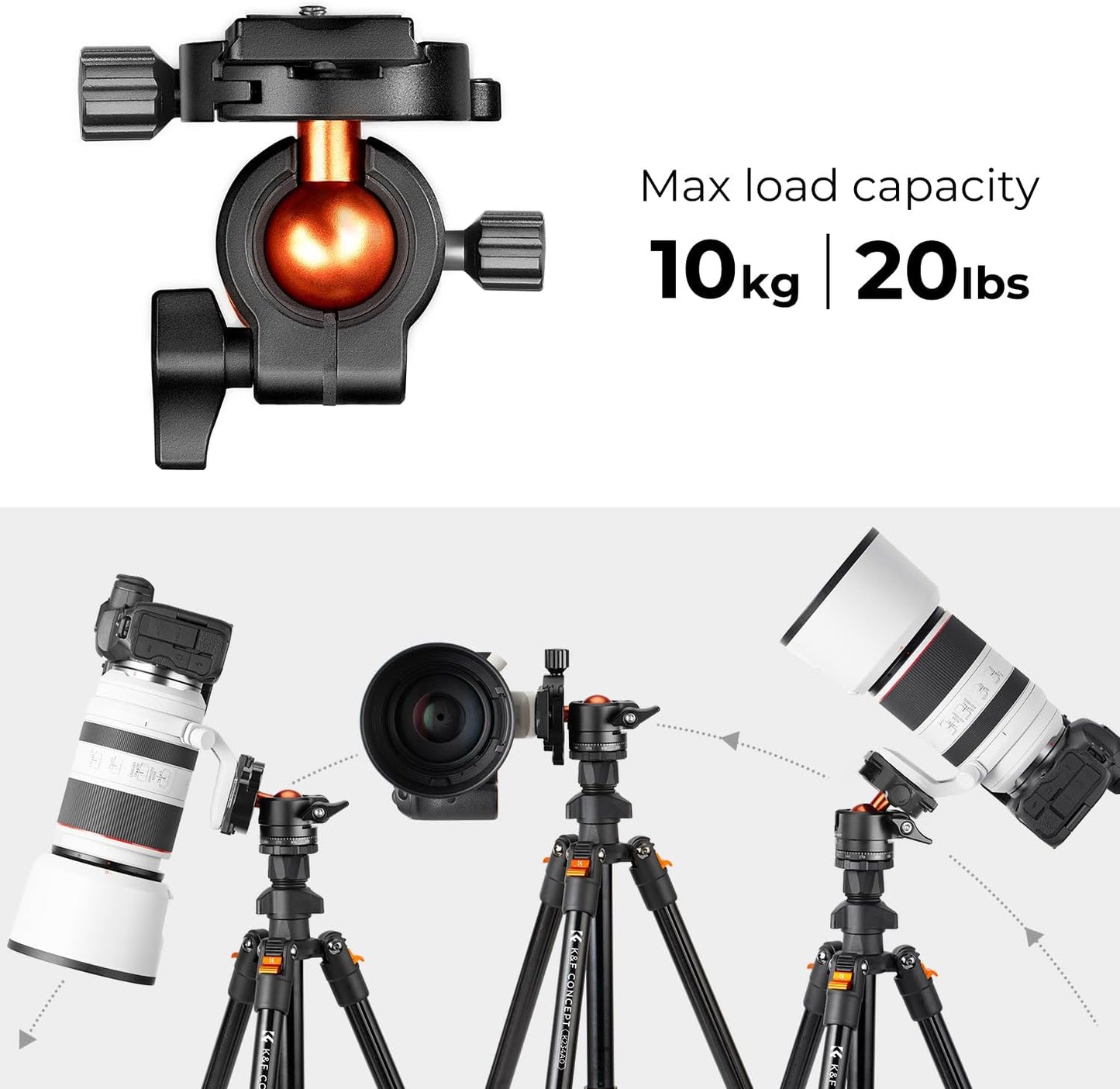 K&F Concept 64 inch/163cm Camera Tripod,Lightweight Travel Outdoor DSLR Tripods with 360 Degree CNC Ball Head Load Capacity 10kg/22lbs,Cellphone Clip for Smartphone Live Streaming Vlog K234A0+BH-28L
