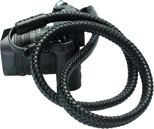 Leather Braided Camera Strap Matador Noir w/Electroplated Rings, Hand-Made 47 inches