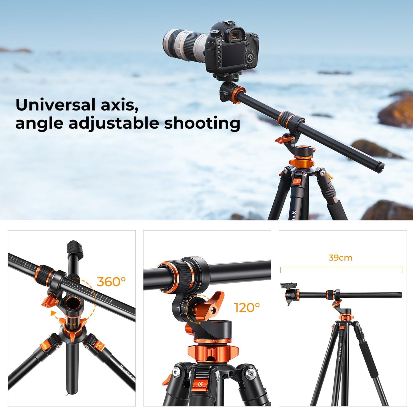 K&F Concept 90 inch/230cm Ultra High Camera Tripod,Horizontal Overhead Shooting Travel Tripods with Metal Ball Head 10KG Load Capacity,Detachable Monopod, for Indoor and Outdoor Use T254A7+BH-28L